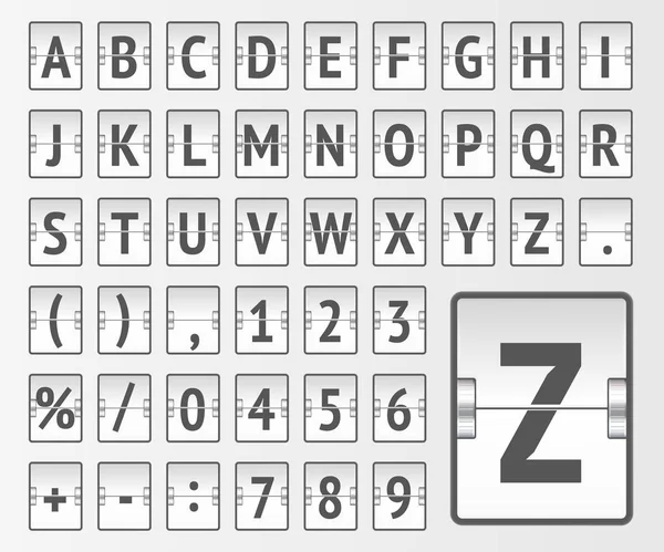 Painel de avaliação mecânico terminal branco alfabeto regular com números para exibir destino e vetor de partida —  Vetores de Stock