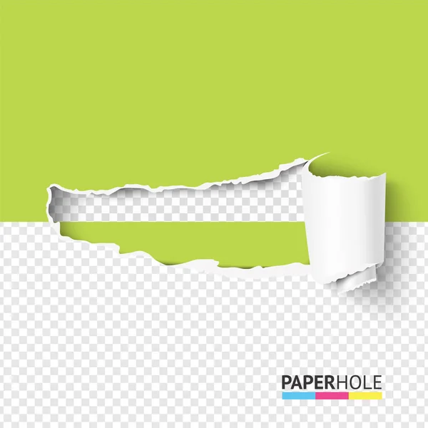 Half leeg papier gat vector banner met geschoven gescheurd stuk op transparant als onthullende boodschap concept — Stockvector