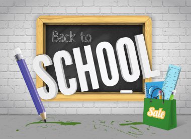 Blackboard satış için mürekkep sıçramaları ile tuğla duvar afiş kavramı üzerinde kalem ve renkli çalışma malzemeleri ile geri bekliyor