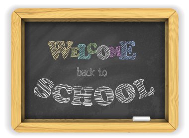 Okul parti el ilanı veya afiş hoş geldiniz için bir tuğla duvarüzerinde tebeşir ve parlak renkli harfler ile Blackboard.