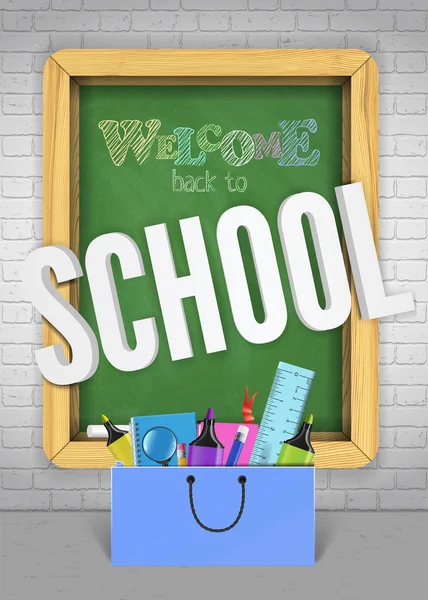 Voltar à escola verde blackboard conceito banner colorido para venda promo. Cartaz de boas-vindas com material de estudo — Vetor de Stock