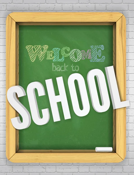 Grüne Kreidetafel an einer Ziegelwand begrüßt Kinder in der Schule mit leuchtend bunten Kreidebuchstaben als Plakat — Stockvektor