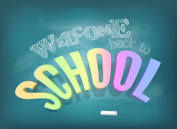Kleurrijke 3D letters, hand getekend met krijt tekst op blauwe schoolbord. Welkom terug naar school concept. Vector illustratie — Stockvector
