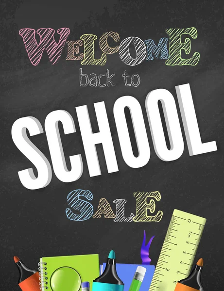 Terug naar school banner met school elementen en items. Vector verkoop poster concept ontwerp. — Stockvector