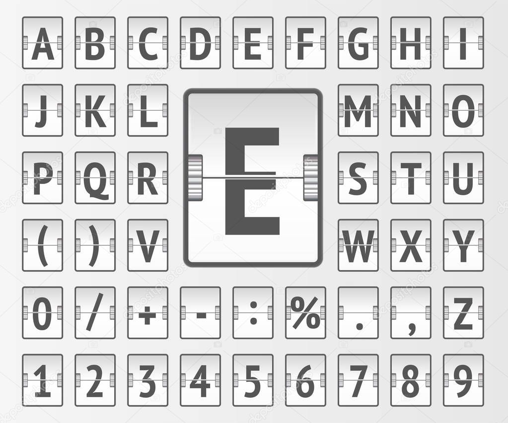 Airport white flip mechanical board bold alphabet for departure information and timetable showing. Vector illustration