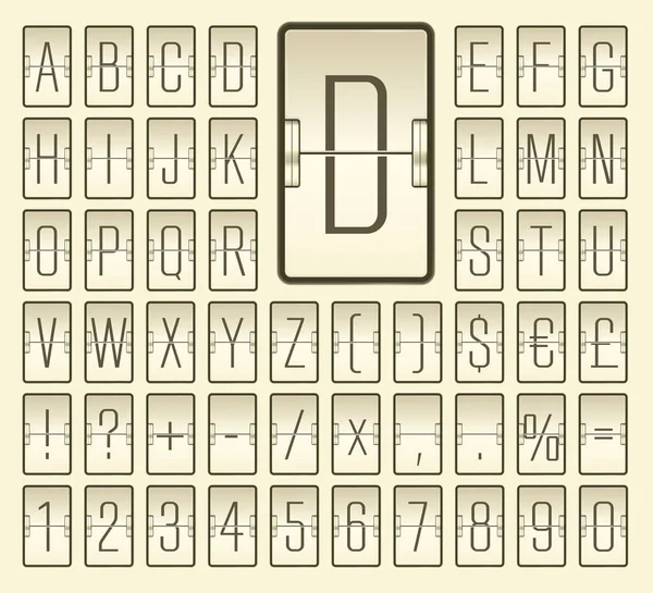 Smalle bestemming flipboard lettertype voor de dienstregeling. Vector Terminal mechanisch scorebord alfabet voor vertrek — Stockvector