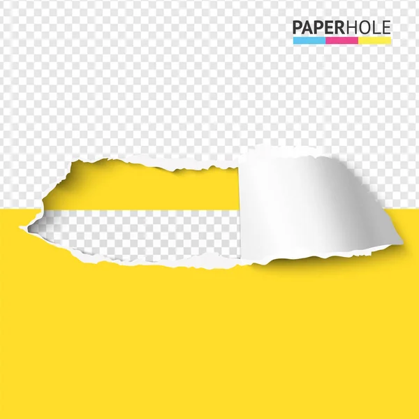 Color torn paper hole banner with cardboard edge bent over on transparent background for message reveal concepts. — Stock Vector