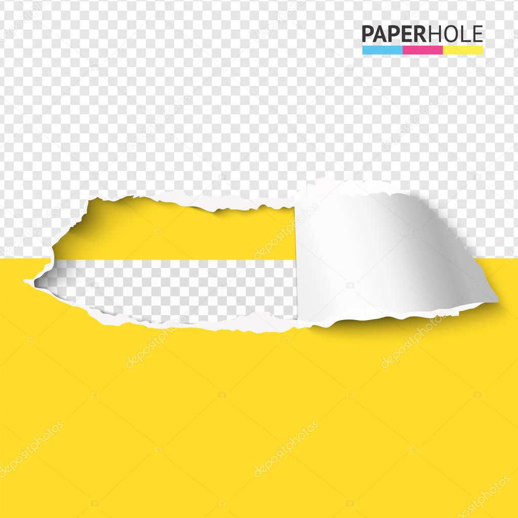 Color torn paper hole banner with cardboard edge bent over on transparent background for message reveal concepts.