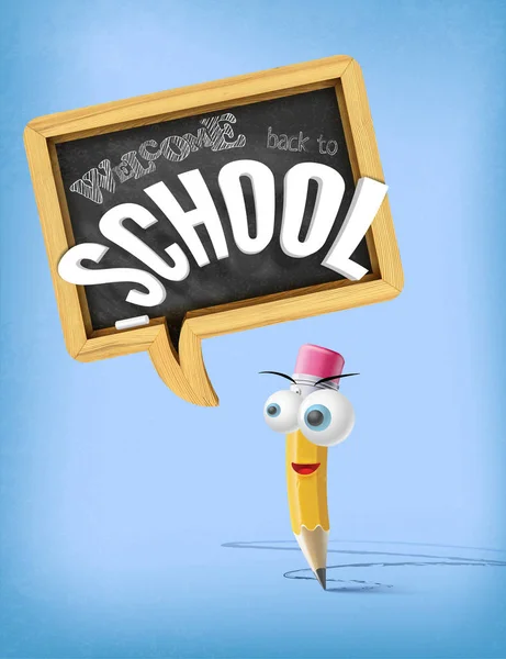 3d Karikatür Hoş geldiniz okula komik vektör kavramı sevimli kalem karakter ve metin bir tebeşir tahtası kabarcık afiş üzerinde — Stok Vektör