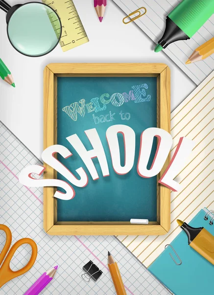 School supplies, colorful hand drawn text and chalkboard on paper background. Back to school sale vector poster template — Stock Vector