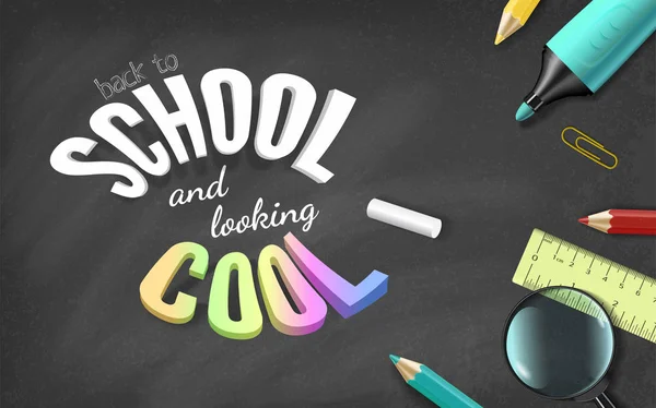 Colorful text and school supplies on black chalkboard background with rag stains. vector School is Cool banner template. — Stock Vector