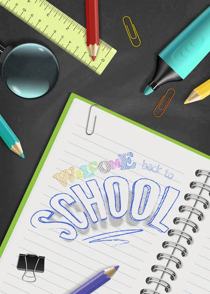 Concepto vectorial de bienvenida de nuevo al diseño escolar de texto dibujado a mano en papel cuaderno y útiles escolares en pizarra — Archivo Imágenes Vectoriales