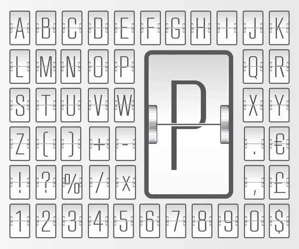 Blanco aeropuerto flip board alfabeto mecánico estrecho con números para la información de salida del vuelo que muestra. Vector eps10 — Archivo Imágenes Vectoriales