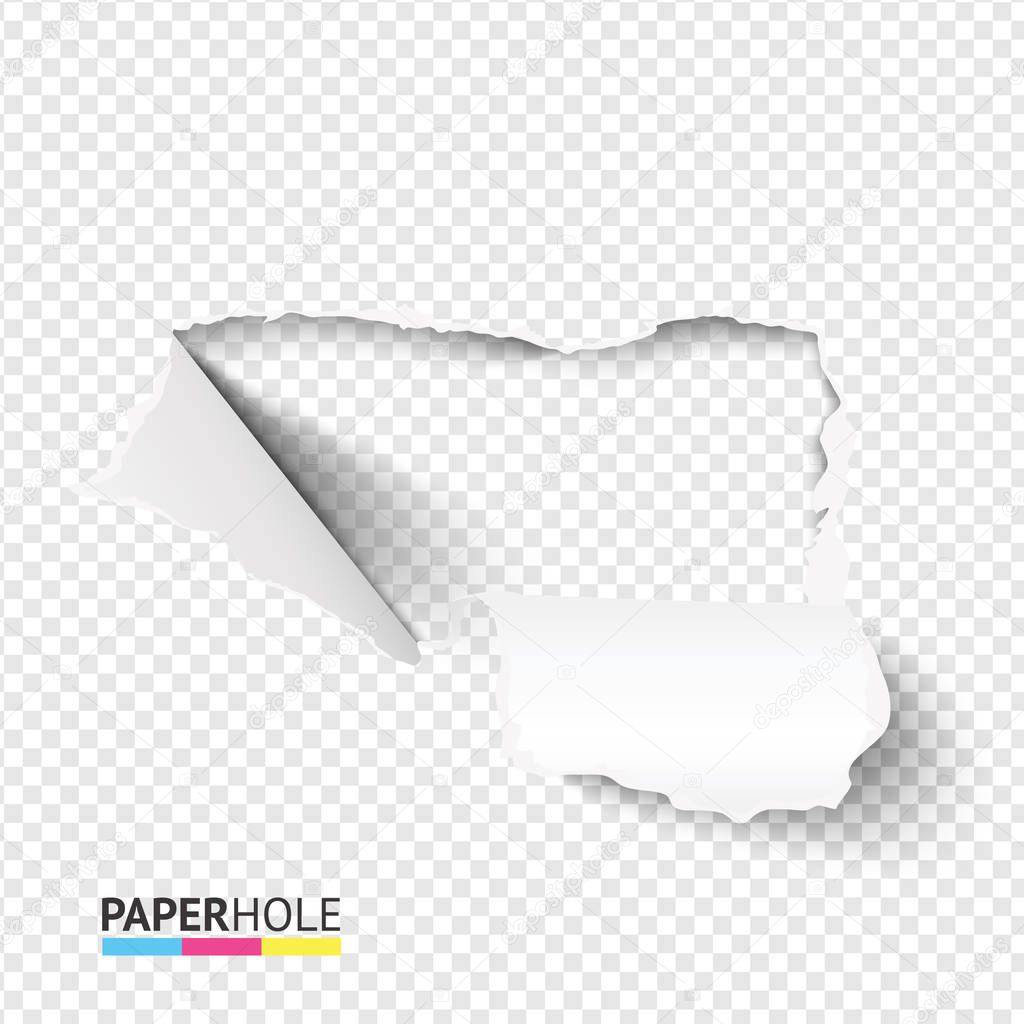 Blank torn paper hole banner with cardboard edge bent over on transparent background for message reveal concepts.