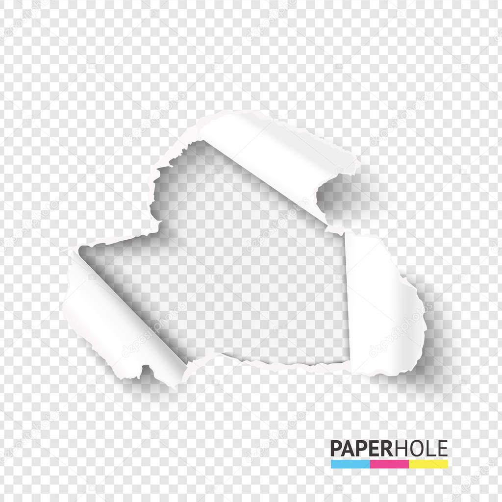 Vector blank hole in teared paper on transparent background. Cardboard hole with torn edge.