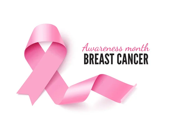 Gerçekçi pembe kurdeleli göğüs kanseri afişi şablonu — Stok Vektör
