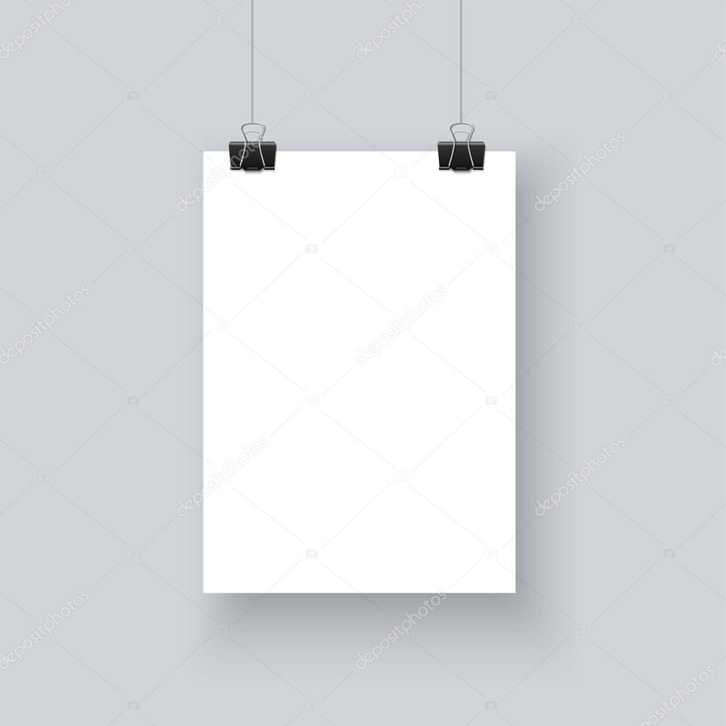 White paper mockup hanging with paper clip realistic vector