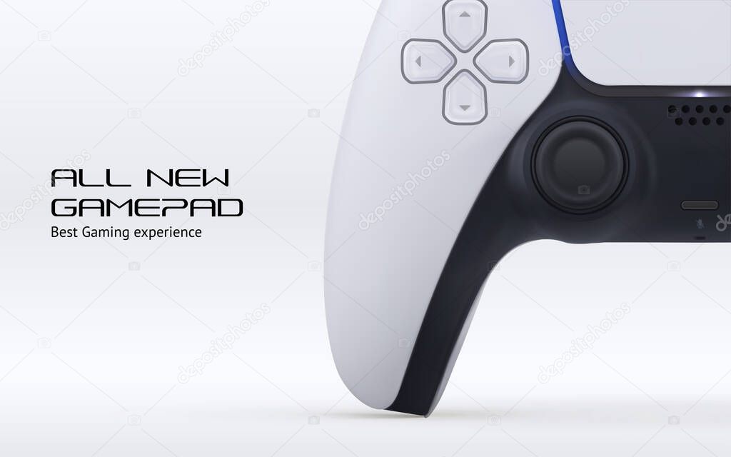 Videogame play remote controller banner concept. Realistic vector game station gamepad with 5 buttons isolated on white background