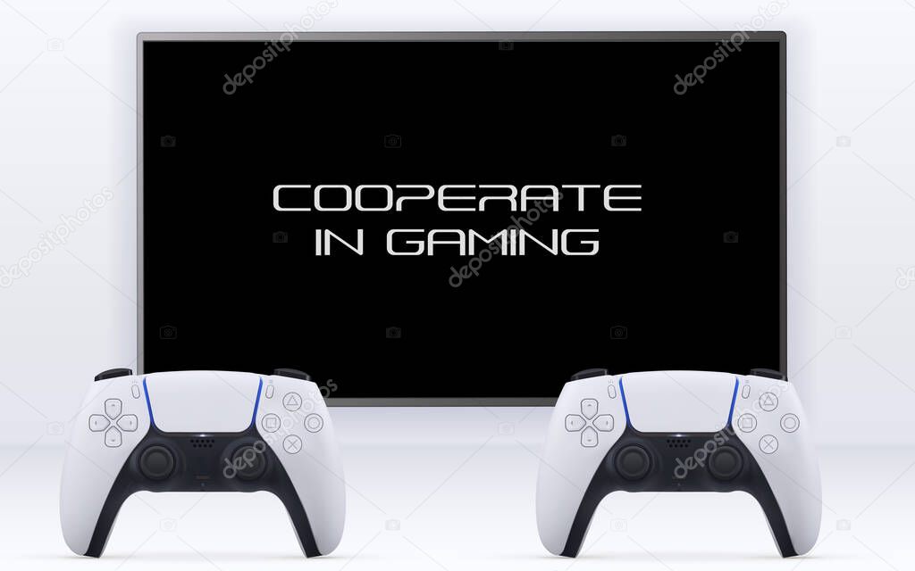 Cooperative gaming concept with remote controller and gamepad in front of tv vector illustration