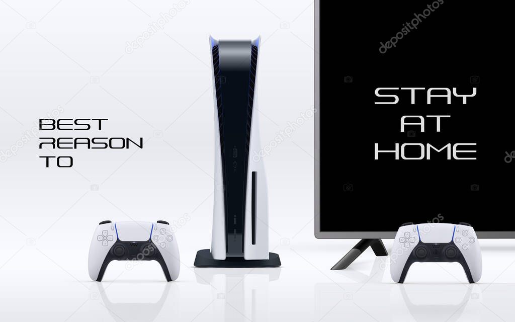 Console gaming banner concept with Stay at home to play message. Vector game station with gamepad controller and tv isolated on white.