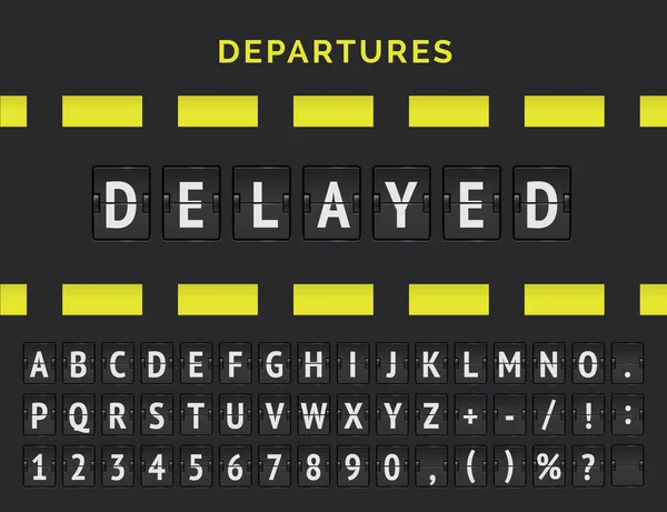 出発または到着状況のフライト情報を示す空港アナログフリップボード航空機の記号のアイコンとアルファベットで遅れてください。ベクトル — ストックベクタ