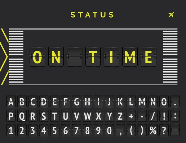 Баннер статуса вылета в стиле разметки взлетно-посадочной полосы аэропорта. Вектор Флип шрифт говорит, что рейс прибывает вовремя — стоковый вектор