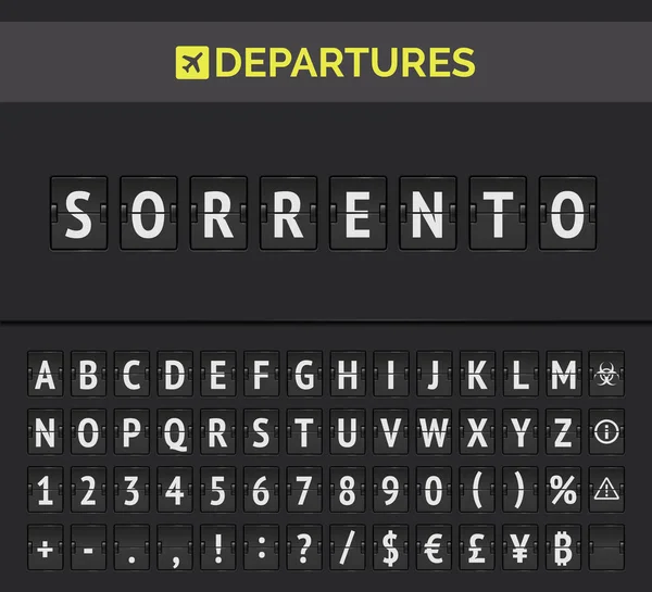 Modelo de aeroporto flip scoreboard realista. Alfabeto de bordo do aeroporto preto. Vector bordo do aeroporto isolado. Analog airport board fonte no fundo escuro. Tela de destino 3d —  Vetores de Stock