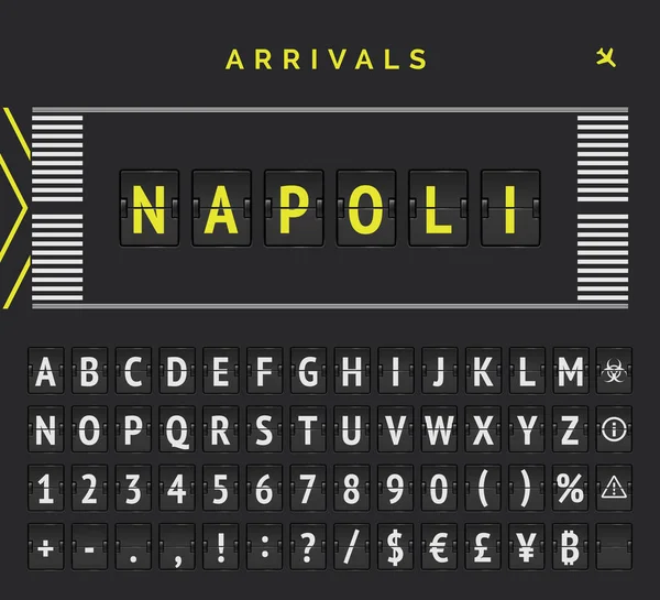 Flight flipping font. Analog flip scoreboard with airport runway markup. Vector banner with arrivals destination as Napoli — Stock Vector