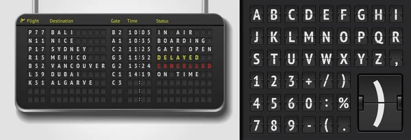 Analoge scorebord lettertype op donkere achtergrond. Vector luchtvaartmaatschappij vertrekbord. Realistische flip airport board sjabloon. Zwarte 3d luchthaven dienstregeling met aankomsten — Stockvector