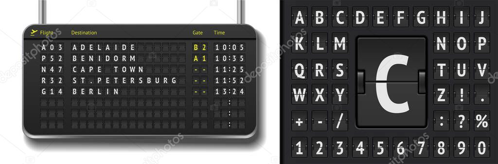 Vector airline departure board isolated. Analog airport board template. Black 3d airport timetable with arrivals with flip scoreboard font