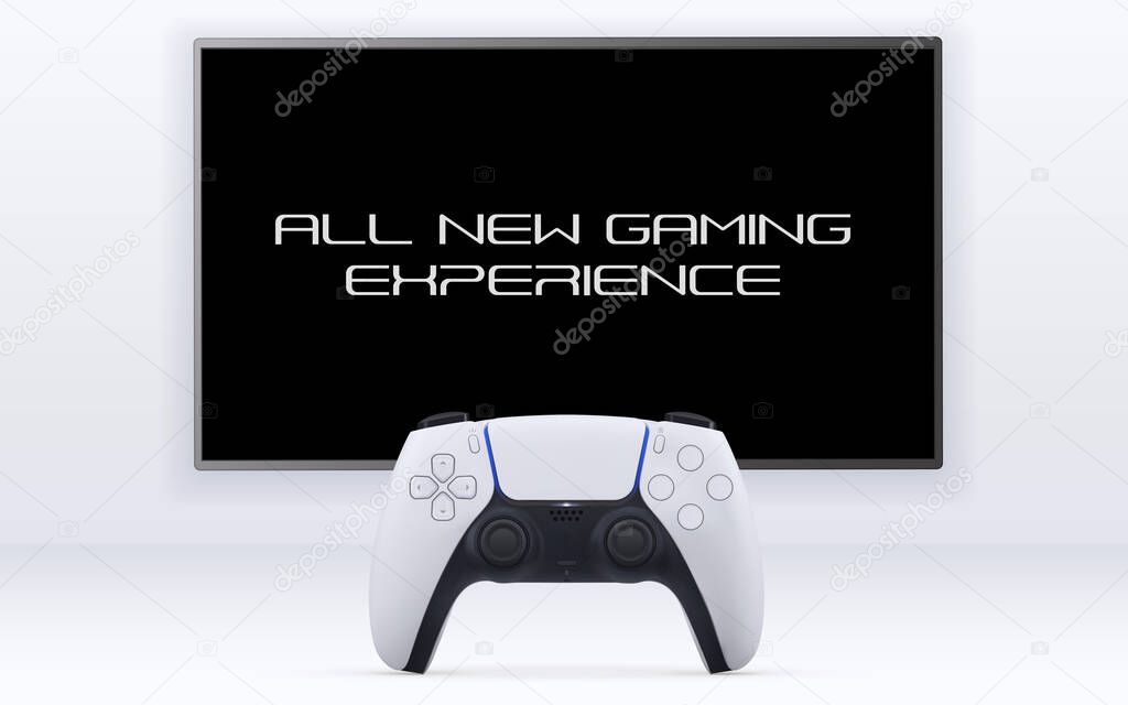 Single player gaming concept. Realistic vector illustration of Gemepad in front of big TV on white wall for gameplay showcase on white background