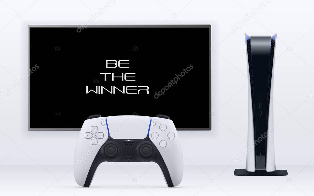 Digital edition Console 3d gaming vector concept. Play station with black and white remote controller in front of TV with text on white background