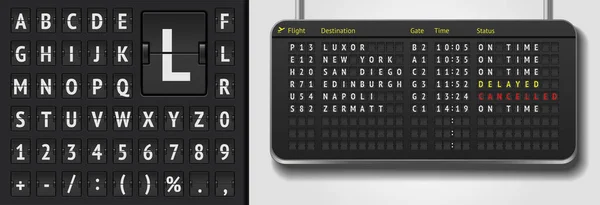 Fonte analogique de bord d'aéroport sur fond sombre. Tableau vectoriel de l'aéroport avec modèle réaliste de tableau de bord de retournement. Horaire de l'aéroport 3d noir avec départ ou arrivée. — Image vectorielle