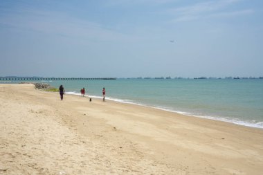 Singapur - 11 Şubat 2018: Singapur East Coast beach, ile belgili tanımlık köpek yürüyüş