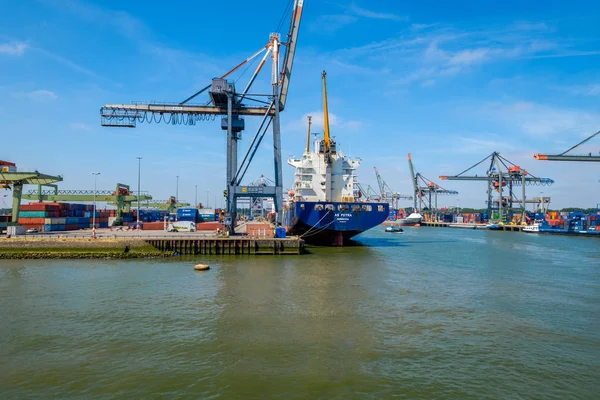 Rotterdam Limanı deniz konteyner gemisi kıç. Bağlantı noktası Rotterdam, Hollanda. 