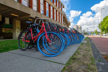 Delft Teknik Üniversitesi, Hollanda'nın yeni öğrenciler için mavi lastikleri ile yeni renkli Bisiklet.