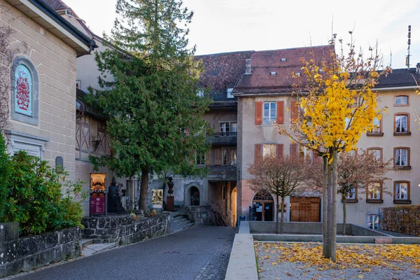 Rue Bourg Gruyeres Switzerland Old Road Gruyeres Castle Old Medieval — Stock Photo, Image
