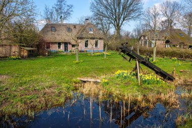 Erken bahar Giethoorn, Hollanda, her yerde kanallar ve güzel rustik thatched çatı ile geleneksel bir Hollandalı köy çiftlik evleri görüntüleyin