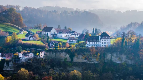 Colorful Foggy Autumn View Beautiful Landscape Historic City Fribourg Switzerland — Stock Photo, Image