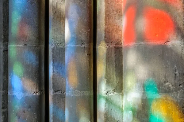 Sunlight Colorful Stained Glass Pillars Church Lausanne Switzerland — Stock Photo, Image