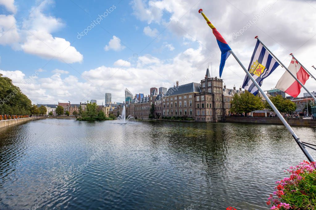 A view on the Hofvijver (court pond) and the Dutch parliament buidings (Het Binnenhof), in The Hague, Netherlands