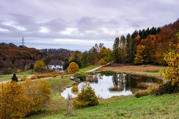 Krásný Rybník Arboretu Aubonne Švýcarsko Krásných Podzimních Barev Odrazů Vodě — Stock fotografie