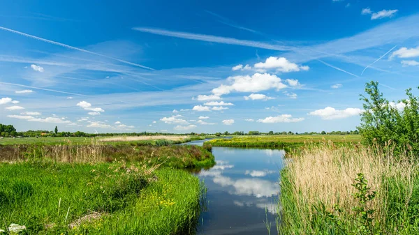 Frumos peisaj polder cu reflecțiile cerului într-un șanț larg, lângă Rotterdam, Olanda — Fotografie, imagine de stoc