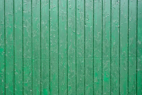 Vertical green wooden fence as a background. Close up of green wooden barn boards, paint is peeling off, great vintage texture.