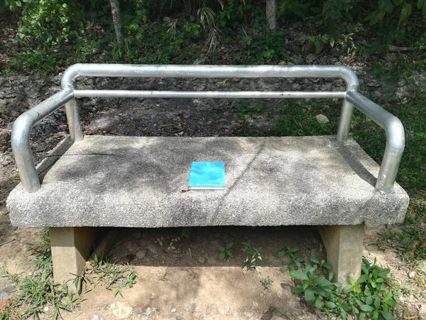 Mavi kapaklı kitap bankta yatıyor.