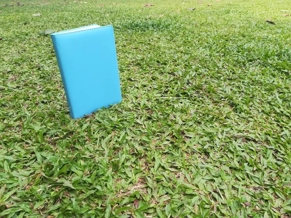 Yeşil çimlerin üzerinde mavi kapaklı defter 