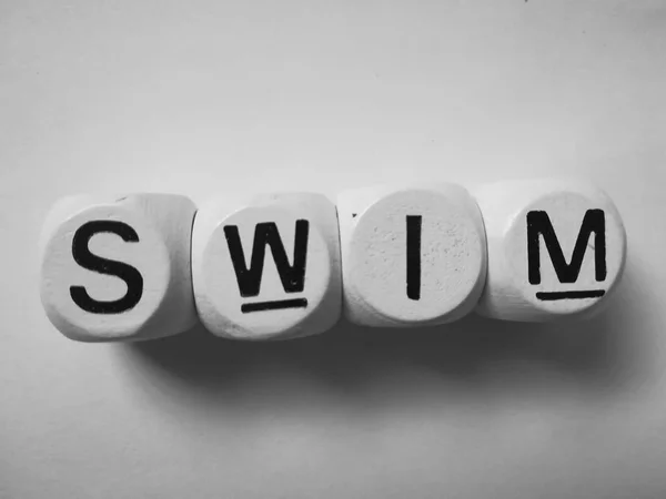 Úszni Szó Fehér Kocka Kockák — Stock Fotó