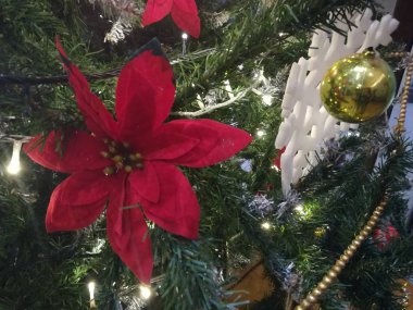 Çam ağacında süslenmiş Noel süsleri. Yeni yıl konsepti, mutlu Noeller.