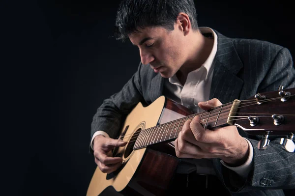 Man Playing Guitar Black Background Focus Hand Stock Image