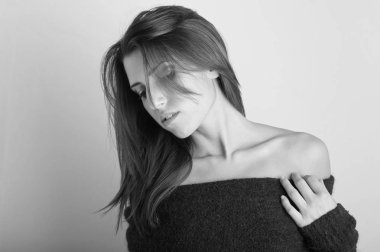 Woman intimate portrait, black and white image.